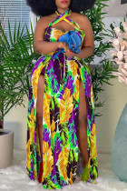 Gele mode sexy plus size print backless split halter mouwloze jurk