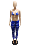 Deep Blue Fashion Sexy Print Backless Swimwears Driedelige set