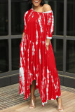 Красное модное базовое платье с круглым вырезом и асимметричным принтом