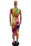 Color Fashion Casual Print Tie Dye Asymmetrisches Kurzarmkleid mit O-Ausschnitt
