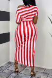 Red Casual Striped Patchwork One Shoulder Short Sleeve Two Pieces