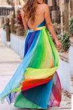 Vestidos casuais de malha arco-íris cor de retalhos diários de malha espaguete com alça em linha