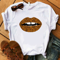 T-shirt basic O Neck stampate con labbra casual alla moda marrone