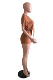 Brown Fashion Casual Solid Asymmetrical O Neck Short Sleeve Two Pieces