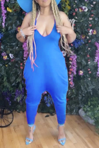Blauer, sexy, einfarbiger Harlan-Jumpsuit mit Neckholder und Patchwork