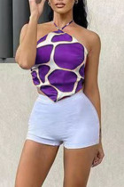 Purple Fashion Sexy Print Backless Halter Sleeveless Two Pieces
