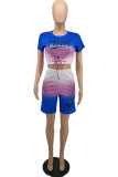 Blue Fashion Casual Gradual Change Letter Print Strap Design O Neck Short Sleeve Two Pieces