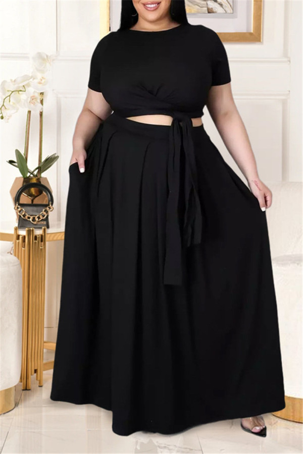 Zwart Mode Casual Solid Basic O-hals Plus Size Two Pieces