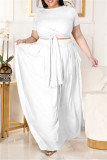 White Fashion Casual Solid Basic O Neck Plus Size Two Pieces