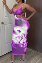 Фиолетовый сексуальный принт с выдолбленными ремешками для спагетти, юбка-карандаш, платья