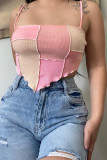 Top con cinturino per spaghetti asimmetrico senza schienale patchwork casual rosa sexy