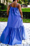ブルーファッションカジュアルソリッドバックレススパゲッティストラップノースリーブドレス