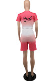 Pink Fashion Casual Gradual Change Letter Print Strap Design O Neck Short Sleeve Two Pieces
