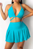 Tibetan Blue Sexy Solid Bandage Patchwork Fold Halter Two Pieces