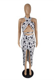 White Fashion Sexy Print Hollowed Out Backless Halter Sleeveless Two Pieces
