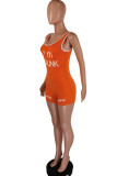 Macacão skinny casual esportivo laranja com estampa de letra sem costas