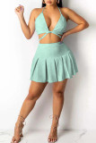 Green Sexy Solid Bandage Patchwork Fold Halter Two Pieces
