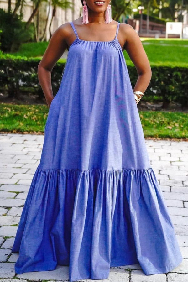 Синее модное повседневное однотонное платье без рукавов с открытой спиной на тонких бретелях