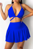Peacock Blue Sexy Solid Bandage Patchwork Fold Halter Two Pieces