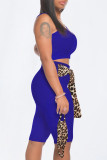 Deep Blue Casual Leopard Bandage Patchwork U Neck Sleeveless Two Pieces（with a mask)