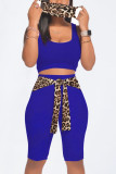 Deep Blue Casual Leopard Bandage Patchwork U Neck Sleeveless Two Pieces（with a mask)