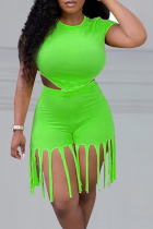 Green Sexy Solid Tassel O Neck Short Sleeve Two Pieces