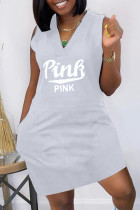 Grey Fashion Casual Letter Print Pocket V Neck Sleeveless Dress Dresses
