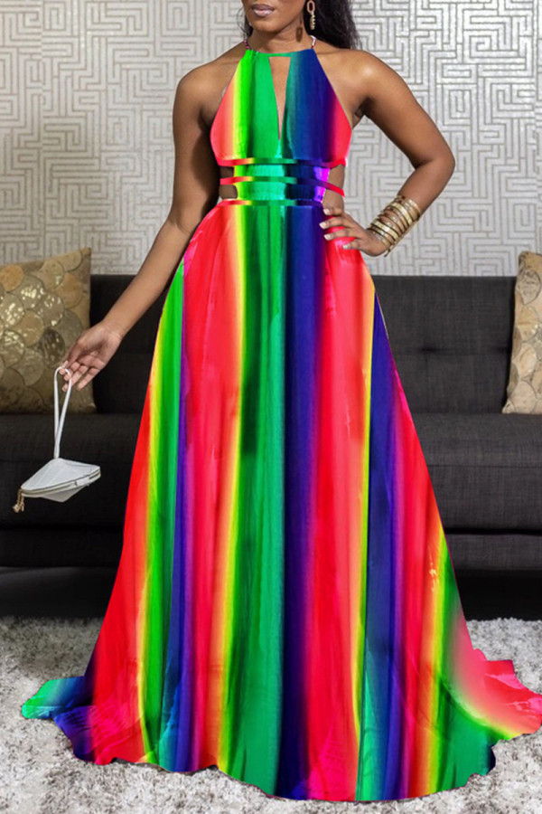 Vestido cor de arco-íris moda sexy estampa vazada sem costas sem mangas