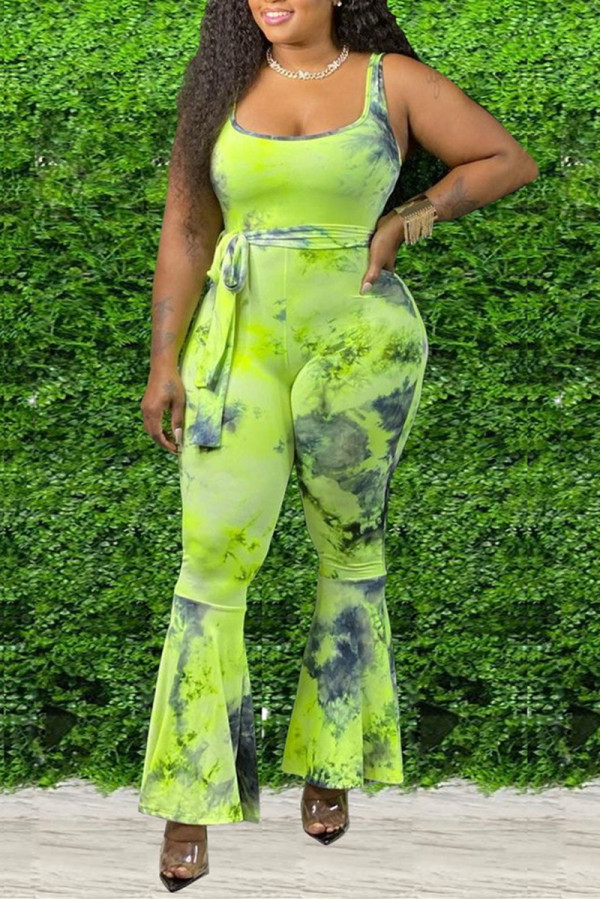 Macacão verde moda casual tie-dye com estampa em U decote tamanho grande