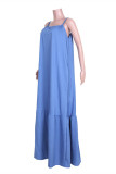 Синее модное повседневное однотонное платье без рукавов с открытой спиной на тонких бретелях