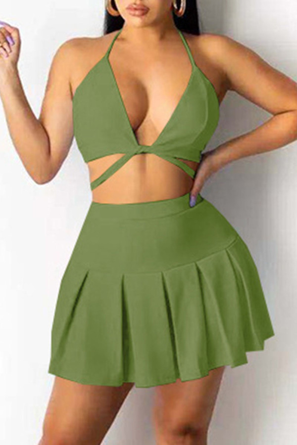 Green Sexy Solid Bandage Patchwork Fold Halter Two Pieces