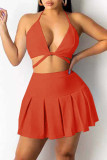 Tangerine Red Sexy Solid Bandage Patchwork Fold Halter Two Pieces