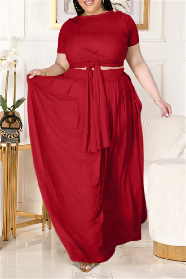 Red Fashion Casual Solid Basic O-hals Plus Size Two Pieces