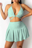 Lake Blue Sexy Solid Bandage Patchwork Fold Halter Two Pieces