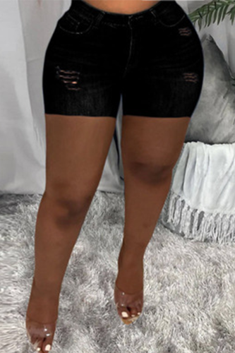 Black Casual Solid Mid Waist Hotpant Skinny Ripped Denim Shorts