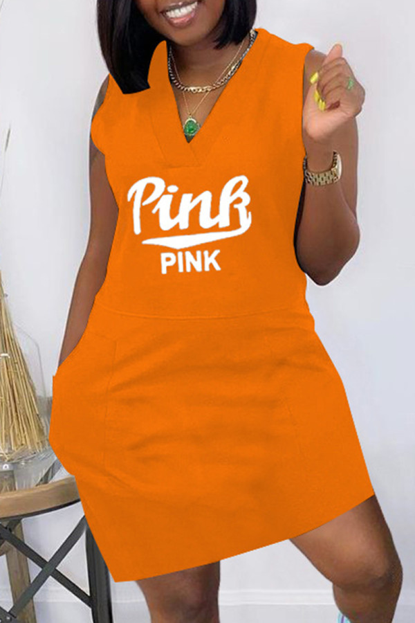 Orange Fashion Casual Letter Print Pocket V-Ausschnitt Ärmelloses Kleid Kleider