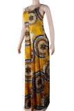 Yellow Sexy Print Patchwork Pocket Backless Spaghetti Strap Jumpsuits