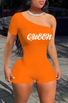 Orange Casual Sportswear Print Backless Oblique Collar Skinny Romper