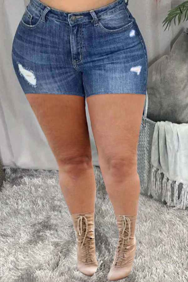 Mörkblå Casual Solid Ripped Mid Waist Skinny Denim Shorts
