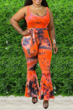 Orange Fashion Casual Tie Dye Printing U Neck Plus Size Jumpsuits