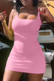 ピンクのセクシーなソリッドパッチワークスクエアカラーペンシルスカートドレス