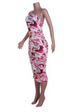 Rose Red Fashion Casual Print Backless Fold One Shoulder Sleeveless Dress