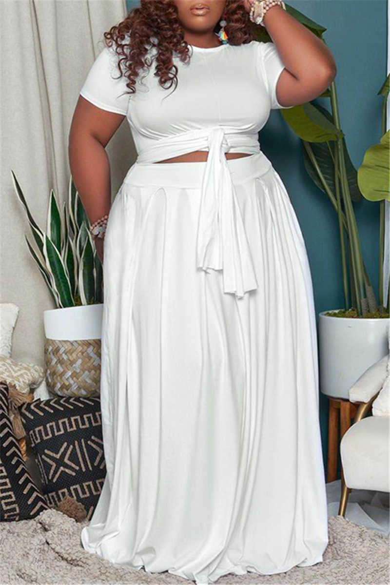 

White Fashion Casual Solid Basic O Neck Plus Size Two Pieces