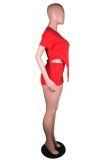 Red Fashion Casual Effen Asymmetrische O-hals Korte Mouw Twee Stukken