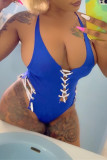 Королевский синий модный сексуальный однотонный купальник с открытой спиной и ремешком