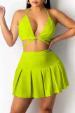 Light Green Sexy Solid Bandage Patchwork Fold Halter Two Pieces