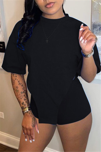 Black Fashion Casual Solid Asymmetrical O Neck Short Sleeve Two Pieces