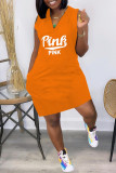 Orange Fashion Casual Letter Print Pocket V-Ausschnitt Ärmelloses Kleid Kleider