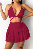 Burgundy Sexy Solid Bandage Patchwork Fold Halter Two Pieces