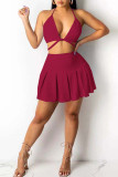 Burgundy Sexy Solid Bandage Patchwork Fold Halter Two Pieces